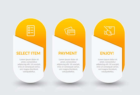 Concept of shopping process with 3 successive steps. Three colorful graphic elements. Timeline design for brochure, presentation, web site. Infographic design layoutのイラスト素材