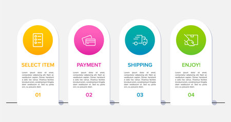 Concept of shopping process with 4 successive steps. Four colorful graphic elements. Timeline design for brochure, presentation, web site. Infographic design layout.のイラスト素材