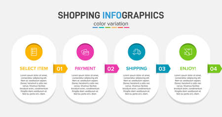 Concept of shopping process with 4 successive steps. Four colorful graphic elements. Timeline design for brochure, presentation, web site. Infographic design layout.のイラスト素材