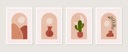 Hand drawn set abstract boho poster with tropical leaf, color vase and shape. Design for pattern, logo, posters, invitation, greeting cardのイラスト素材