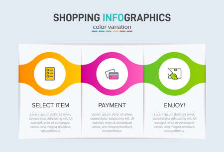 Concept of shopping process with 3 successive steps. Three colorful graphic elements. Timeline design for brochure, presentation, web site. Infographic design layout.のイラスト素材