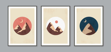 Abstract contemporary landscape posters. Modern boho background set with sun moon mountains. Abstract arts design for wall framed prints, poster, cover, home decor, canvas prints, wallpaper.の写真素材