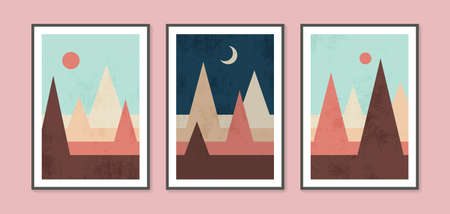 Abstract contemporary landscape posters. Modern boho background set with sun moon mountains....