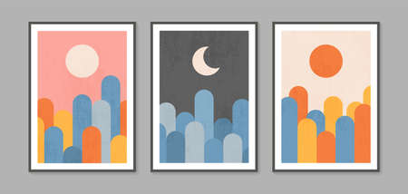 Abstract contemporary landscape posters. Modern boho background set with sun moon mountains. Abstract arts design for wall framed prints, poster, cover, home decor, canvas prints, wallpaper.のイラスト素材