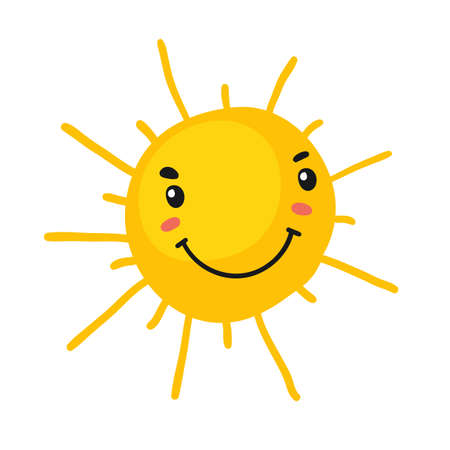 Funny eyed Sun. Sunshine cute summer. Spring light emotion, doodle vector isolated on white background.のイラスト素材