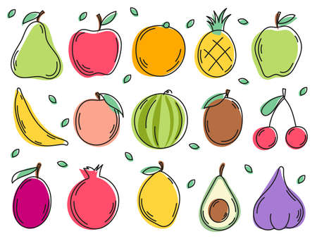 Collection of fruits. Hand draw healthy natural products. Vector illustration isolated on white background.のイラスト素材