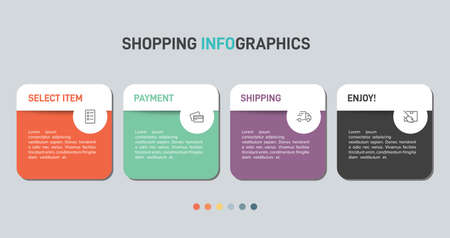 Concept of shopping process with 4 successive steps. Four colorful graphic elements. Timeline design for brochure, presentation, web site. Infographic design layout.のイラスト素材