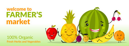 Welcome to farmer market poster template with cartoon fruits. Joyful fruits with faces in flat style. Advertising for a shop or festival of organic vegetables.のイラスト素材
