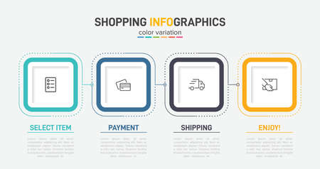 Concept of shopping process with 4 successive steps. Four colorful graphic elements. Timeline design for brochure, presentation, web site. Infographic design layout.のイラスト素材