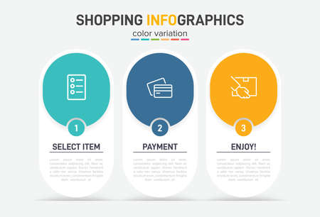 Concept of shopping process with 3 successive steps. Three colorful graphic elements. Timeline design for brochure, presentation, web site. Infographic design layout.のイラスト素材
