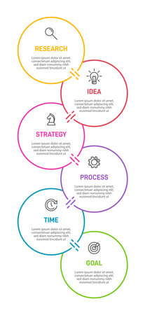 Vertical infographic design with icons and 6 options or steps. Thin line. Infographics business concept. Can be used for info graphics, flow charts, presentations, mobile web sites, printed materials.のイラスト素材