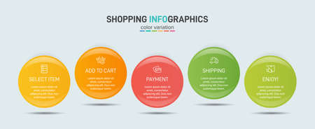 Concept of shopping process with 5 successive steps. Five colorful graphic elements. Timeline design for brochure, presentation, web site. Infographic design layout.のイラスト素材
