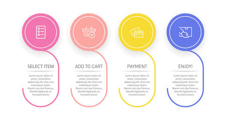 Concept of shopping process with 4 successive steps. Four colorful graphic elements. Timeline design for brochure, presentation, web site. Infographic design layout.のイラスト素材
