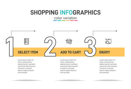 Concept of shopping process with 3 successive steps. Three colorful graphic elements. Timeline design for brochure, presentation, web site. Infographic design layout.のイラスト素材