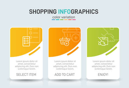 Concept of shopping process with 3 successive steps. Three colorful graphic elements. Timeline design for brochure, presentation, web site. Infographic design layout.のイラスト素材