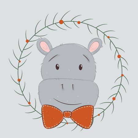 Hippopotamus is a boy in an abstract New Years wreath. Hand drawing for children. Sloppy color illustration for printing. Vector illustration for kids room.のイラスト素材