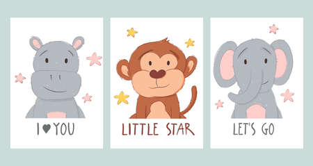 Set of childrens posters with cartoon animals and lettering for a kids room or print. Hand drawing in a childish sloppy style. Vector illustration.のイラスト素材