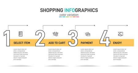 Concept of shopping process with 4 successive steps. Four colorful graphic elements. Timeline design for brochure, presentation, web site. Infographic design layout.のイラスト素材