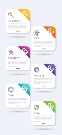 Vertical infographic design with icons and 6 options or steps. Thin line. Infographics business concept. Can be used for info graphics, flow charts, presentations, mobile web sites, printed materials.のイラスト素材