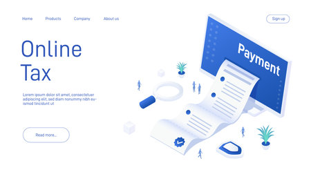 Tax form concept in isometric vector design. Taxation of income as accounting procedure. Refund documentation form. Paperwork management. Web banner layout template. Business financial investment.のイラスト素材
