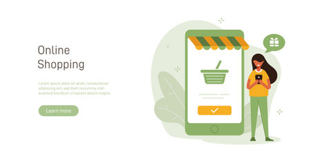 Shopping illustration concept. Woman makes purchases through mobile version of application or website in online store. Shopping creative flat vector.のイラスト素材