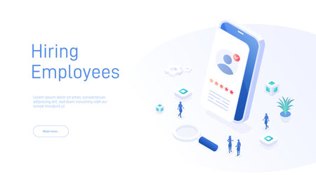 Hiring Employees landing page template. Approved resume on phone screen. Can be used for web banners, infographics. Isometric modern vector illustration.のイラスト素材