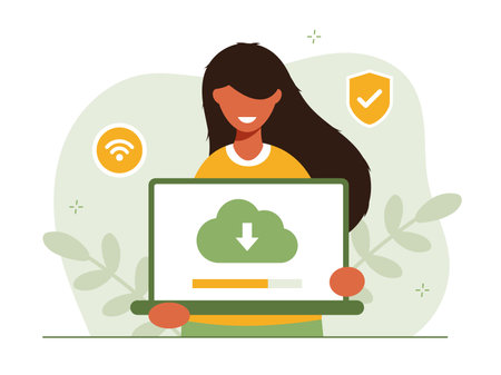 Cloud technology illustration concept. People exchanging files via Internet. Cloud service, online data storage and transfer, information backup. Modern flat vector illustration.のイラスト素材