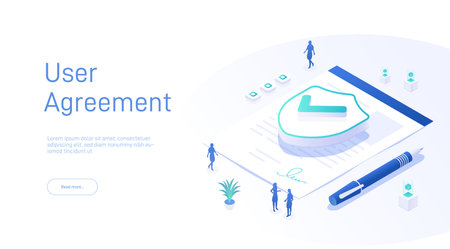 User agreement landing page template. Personal data security. Online file server protection. Signing digital signature at online business contract. Isometric modern vector illustration.のイラスト素材