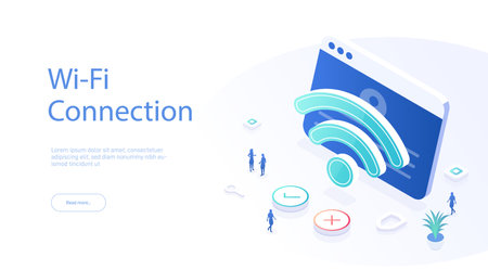 Wi Fi connection landing page template. Internet access through wireless technologies. Wi-Fi icon and browser. Can be used for web banners, infographics. Isometric modern vector illustration.のイラスト素材