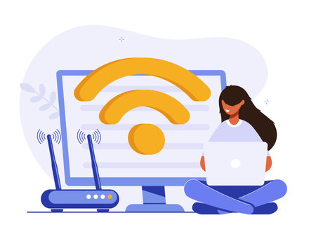 Concept of mobile network, wireless Internet connection technology. Wifi illustration. People use device to connect Internet network Modern colorful flat vector illustration for poster, banner.のイラスト素材
