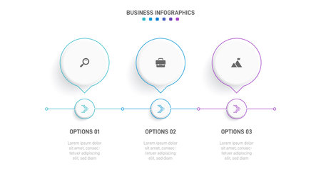 Timeline infographic with infochart. Modern presentation template with 3 spets for business process. Website template on white background for concept modern design. Horizontal layout.のイラスト素材