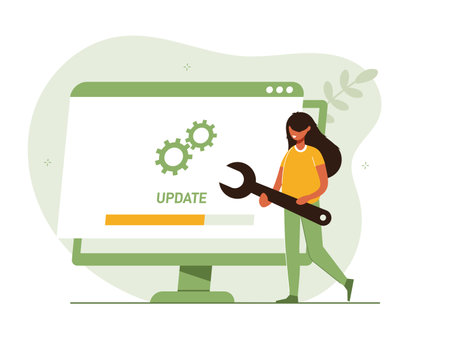 System or web application upgrade procedure. Concept of software version update or renewal process indication. Woman and PC. Flat colorful vector illustration for banner, poster.のイラスト素材