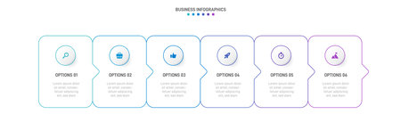 Timeline infographic with infochart. Modern presentation template with 6 spets for business process. Website template on white background for concept modern design. Horizontal layout.のイラスト素材