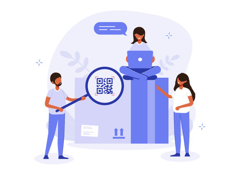 QR code scaner illustration concept. People scan the barcode when they send or receive a package. Logistical operation. Modern technology creative flat vector.のイラスト素材