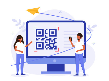 QR code scanning vector illustration concept, people use a smartphone and scan the qr code to pay. Barcode on computer screen Modern technology creative flat vector.のイラスト素材