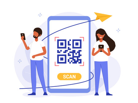 QR code scaner illustration concept. Guy and a girl standing by a big phone, scanning a qr code to follow a link or pay. Modern technology creative flat vector.のイラスト素材