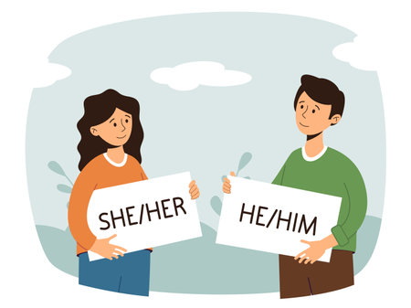 Concept of lgbtq community support. Male and female characters are holding signs with gender pronounses. She, he, non-binary people rights, transgenders. Cartoon flat vector illustration.のイラスト素材