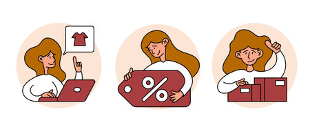 Shopping concept illustrations. Set of illustrations of women in various activities of online shopping, ecommerce, sale, product order and delivery. Vector outline isolated illustration.のイラスト素材