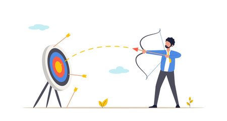 Efficiency or perfection concept. Success in reaching the goal or objective, victory or winner, accuracy and achievement in hitting the bull eye. Isolated flat vector illustration.のイラスト素材
