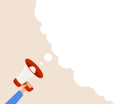 Imagination concept of creativity. Hand holds megaphone, pondering with big bubble. Thinking big, striving for success, dreaming big to change the world, or pondering to find solution to big problem.のイラスト素材