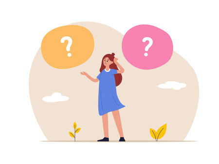 Choice, dilemma concept. Puzzled questioned person doubting in decision, right choice making. Business woman choosing, making decision. Flat vector illustration.のイラスト素材