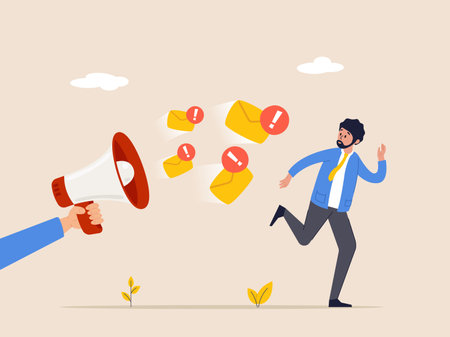 Internet spam concept. Scared man character run from huge loudspeaker with email message. Eenvelope letter icon. Flat vector illustration.のイラスト素材