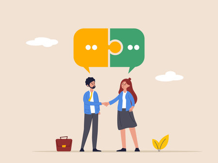 Creating ideas, collaboration concept. Two business people shaking hands and talk to each other and make a business agreement. Flat vector business illustration.のイラスト素材