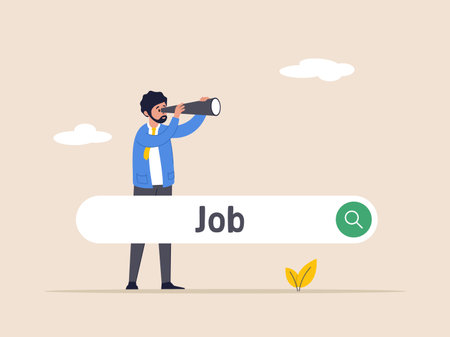 Job search concept. Businessman stands outside a job search bar with binoculars to see opportunity. Looking for a new job, employment, career or job search, looking for a position.のイラスト素材