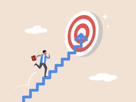 Motivation to succeed concept. Career step to success. Reach target or progress to reach goal, achievement or growth. businessman walking up stair with arrow as path to reach goal. Flat vector.のイラスト素材