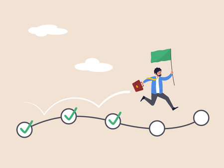 Planning or productivity concept. Project management, task tracking or work progress, tracking finish or completed tasks. Businessman project manager running on completed checkbox to reach goal.のイラスト素材