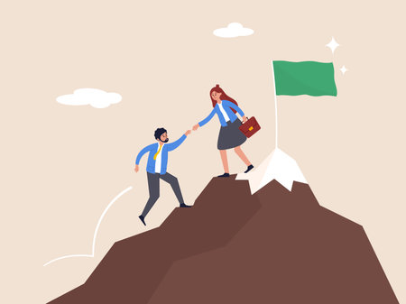 Teamwork concept. Support and collaboration to achieve target, cooperation, team help each other to success in job. Businessman holding hand helping team colleagues climbing to reach business goal.のイラスト素材
