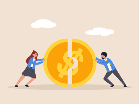 Partnership concept. Business success, fundraising and venture capital business expansion or merger. Business partner connect dollar coin jigsaw puzzle together. Flat vector illustration.のイラスト素材
