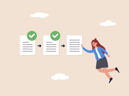 Approval document concept. Project tracking or goal tracker. Successfully completed part of checklist and progress is well done. Checklist for completed tasks, project checkbox or achievement list.のイラスト素材