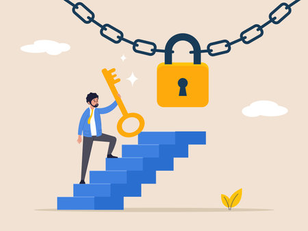 Success business concept. Golden key to unlock, solve business problem, professional to give solutions, key or unlock business accessibility, smart businessman holding golden key to unlock the pad.のイラスト素材